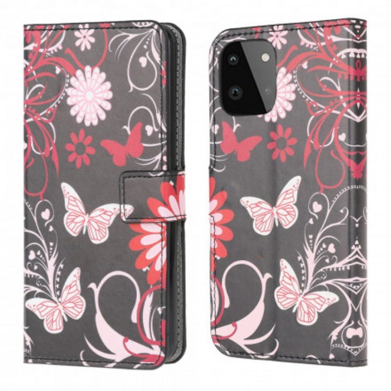 Custodia in pelle Samsung Galaxy A22 5G Farfalle E Fiori