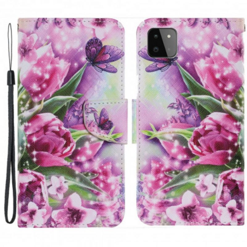 Custodia in pelle Samsung Galaxy A22 5G Farfalle E Tulipani