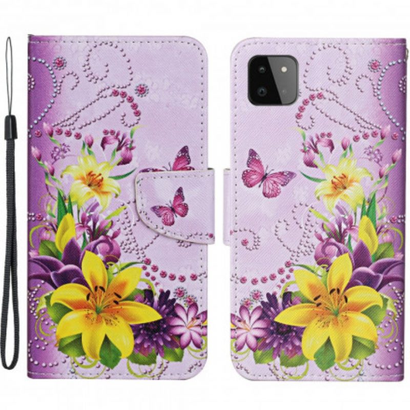 Custodia in pelle Samsung Galaxy A22 5G Fiori Magistrali Con Cinturino