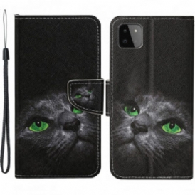 Custodia in pelle Samsung Galaxy A22 5G Gatto Dagli Occhi Verdi Con Cordino