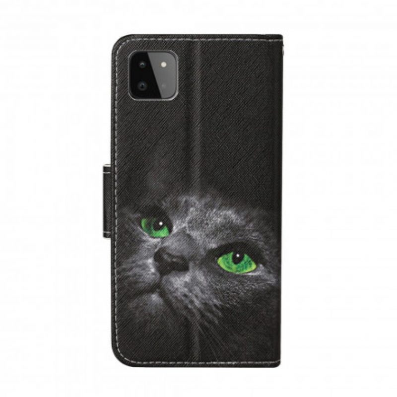 Custodia in pelle Samsung Galaxy A22 5G Gatto Dagli Occhi Verdi Con Cordino