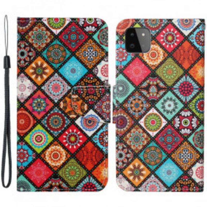 Custodia in pelle Samsung Galaxy A22 5G Mandala Patchwork Con Cordino