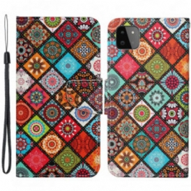 Custodia in pelle Samsung Galaxy A22 5G Mandala Patchwork Con Cordino