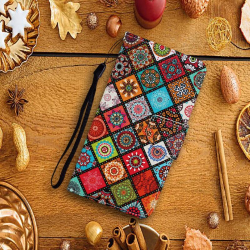 Custodia in pelle Samsung Galaxy A22 5G Mandala Patchwork Con Cordino