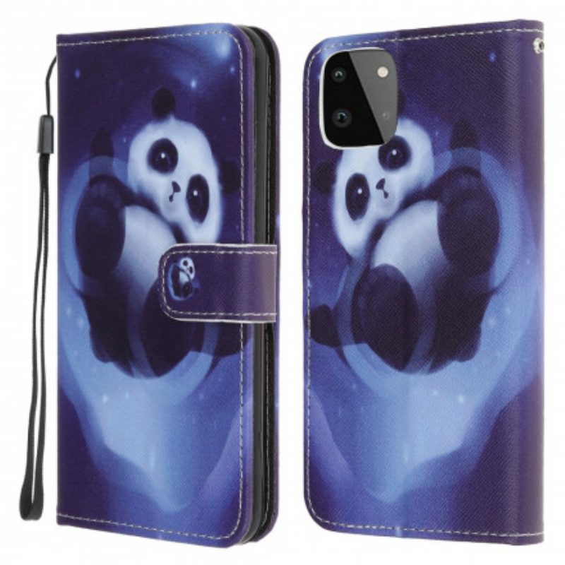 Custodia in pelle Samsung Galaxy A22 5G Panda Space Con Cordino