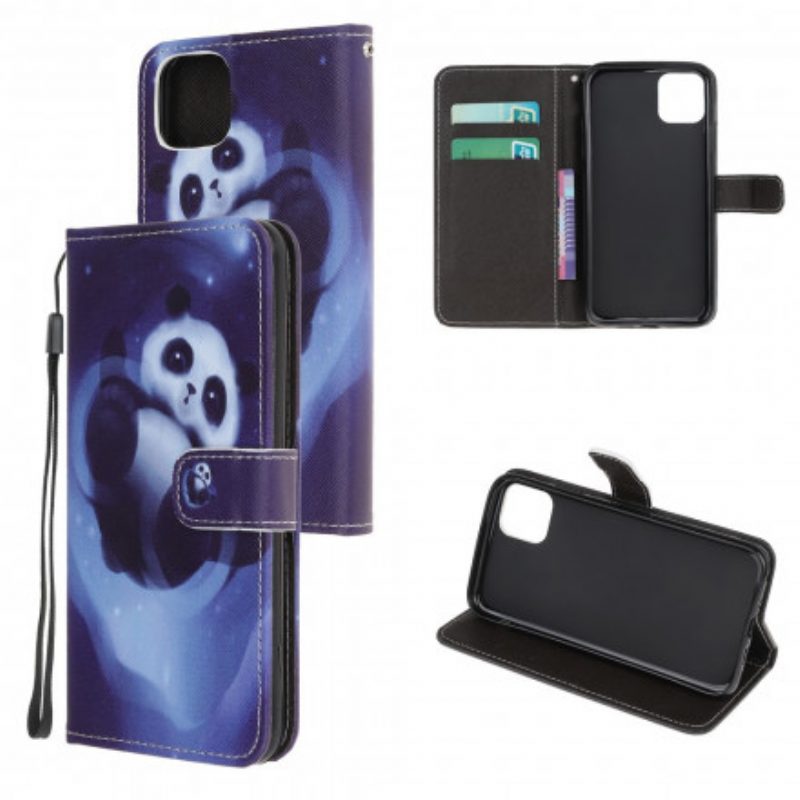 Custodia in pelle Samsung Galaxy A22 5G Panda Space Con Cordino