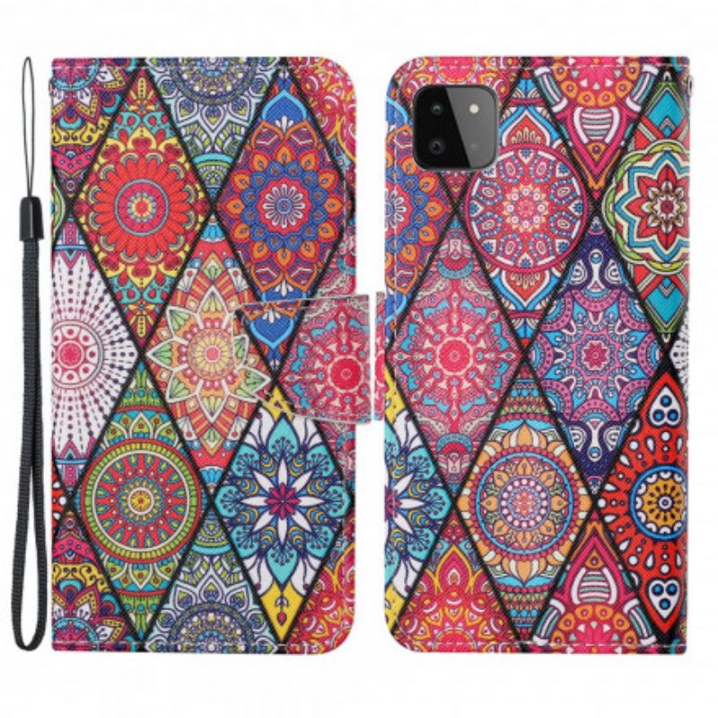 Custodia in pelle Samsung Galaxy A22 5G Patchwork Con Cordino