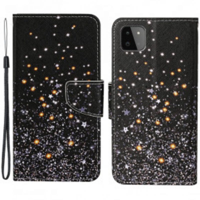 Custodia in pelle Samsung Galaxy A22 5G Stelle E Paillettes Con Cordino