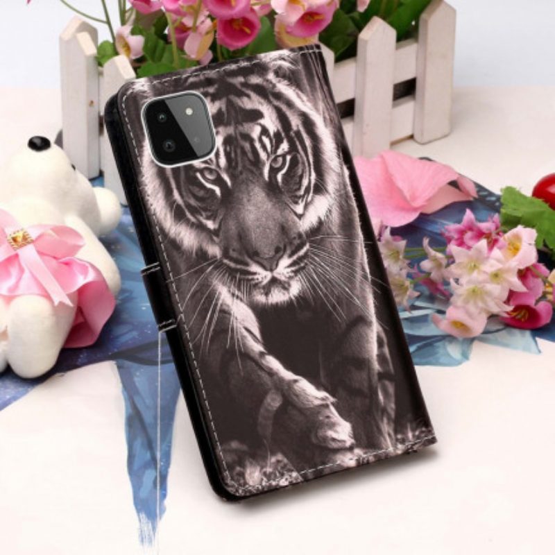 Custodia in pelle Samsung Galaxy A22 5G Tigre Notturna