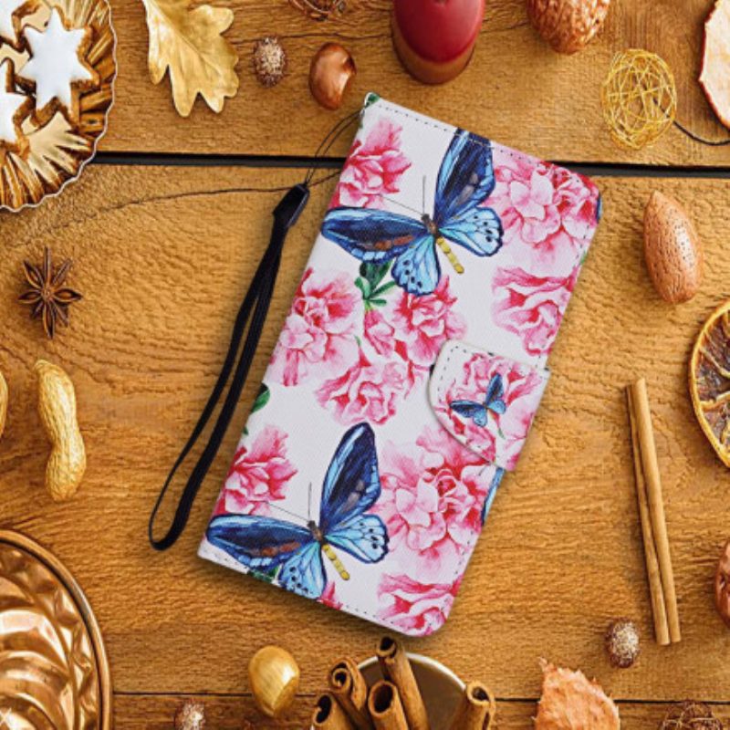 Folio Cover Samsung Galaxy A22 5G Cordino Floreale Con Farfalle