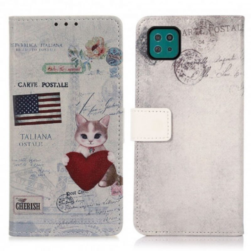 Folio Cover Samsung Galaxy A22 5G Gatto Viaggiatore