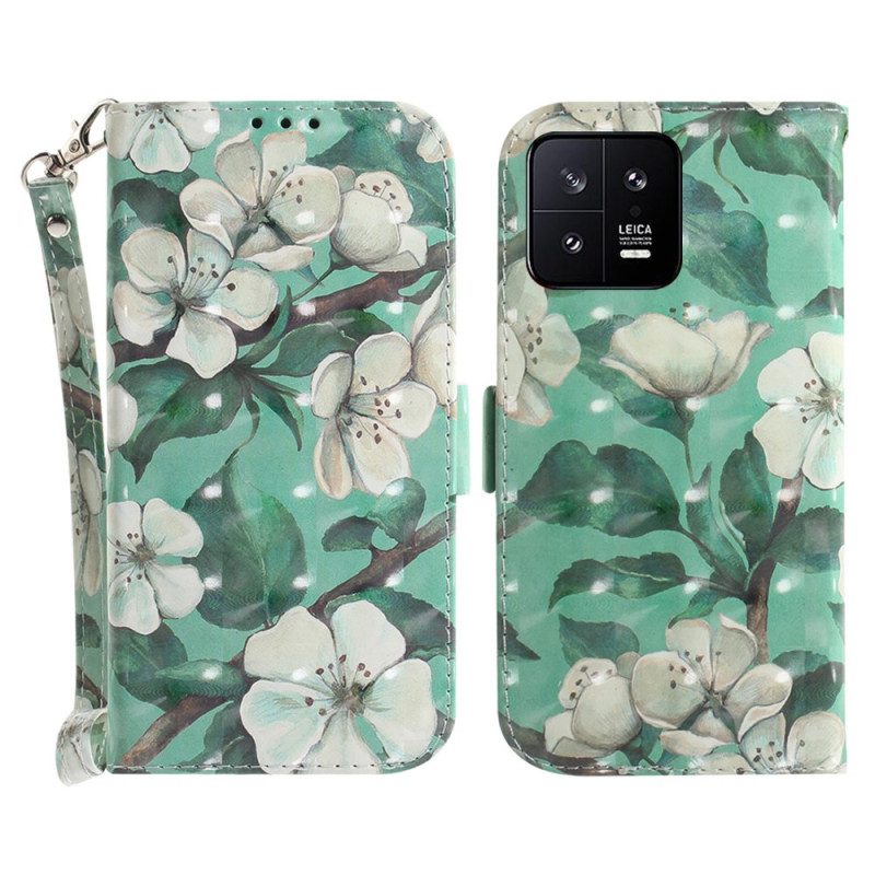 Custodia in pelle Xiaomi 13 Fiori Bianchi Strappy