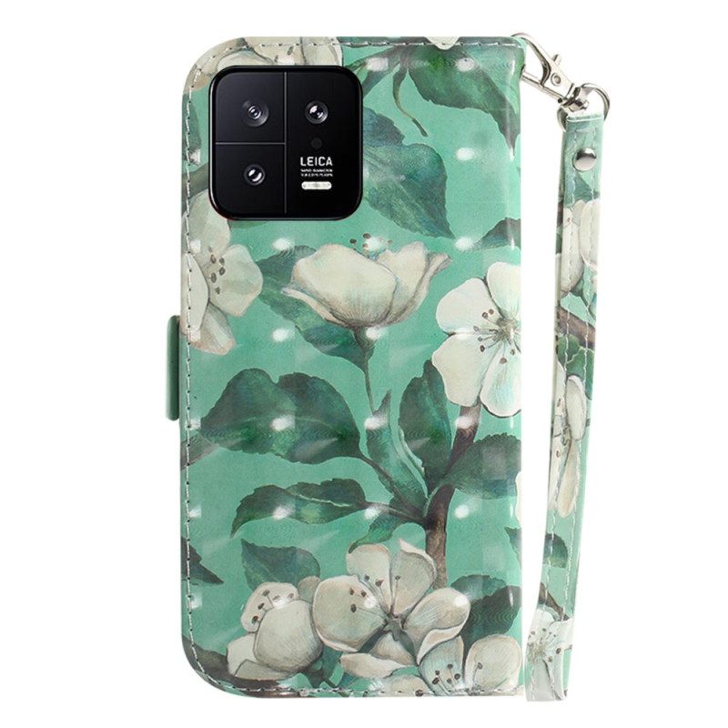 Custodia in pelle Xiaomi 13 Fiori Bianchi Strappy