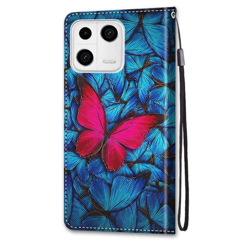 Folio Cover Xiaomi 13 Farfalla Rossa Sfondo Blu