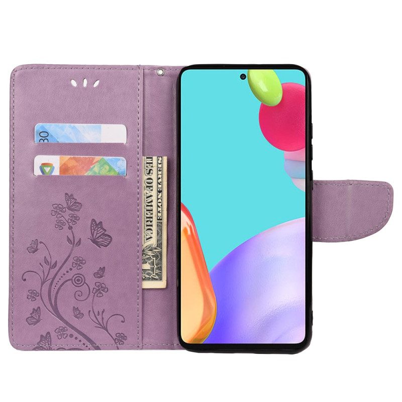 Custodia in pelle Samsung Galaxy A23 5G Fiori E Farfalle Con Cinturino