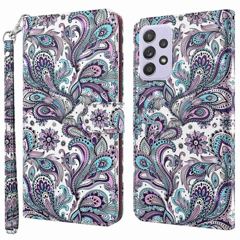 Custodia in pelle Samsung Galaxy A23 5G Motivo Paisley Con Spalline