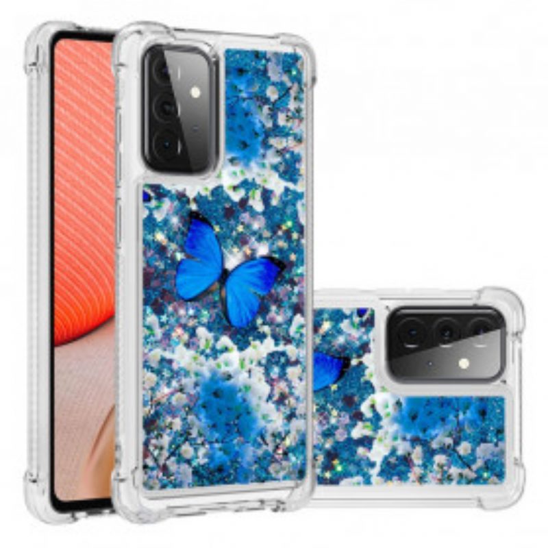 Cover Samsung Galaxy A72 4G / A72 5G Farfalle Blu Glitterate