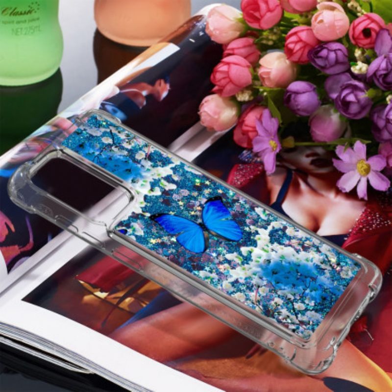 Cover Samsung Galaxy A72 4G / A72 5G Farfalle Blu Glitterate