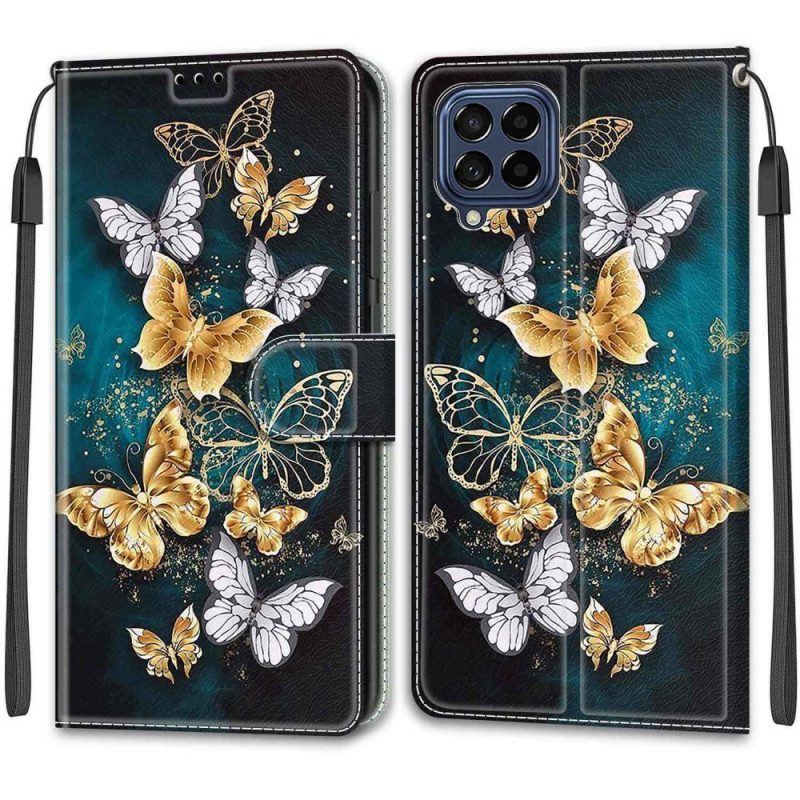 Custodia in pelle Samsung Galaxy M53 5G Cinturino Farfalle Ventaglio