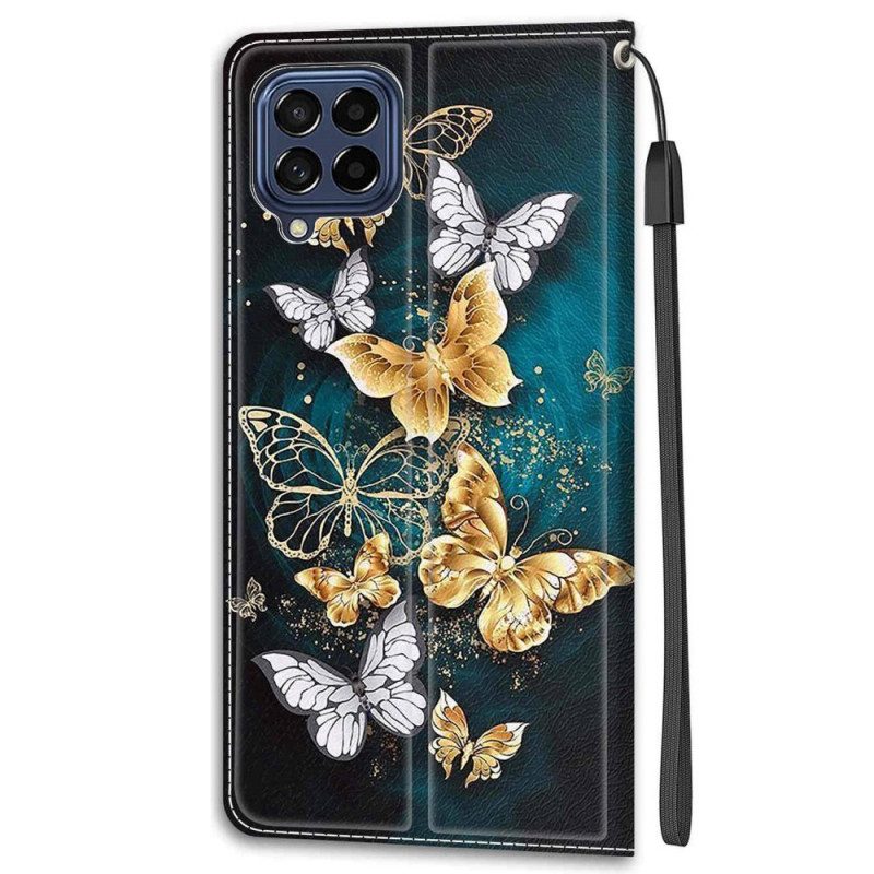 Custodia in pelle Samsung Galaxy M53 5G Cinturino Farfalle Ventaglio