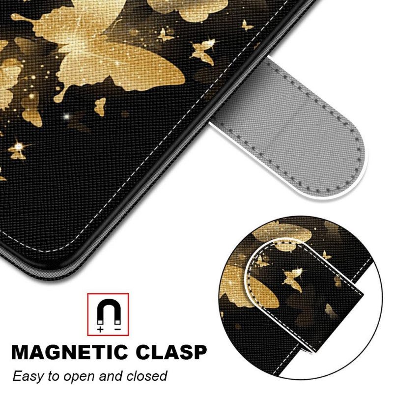 Custodia in pelle Samsung Galaxy M53 5G Farfalle D'oro Con Cinturino