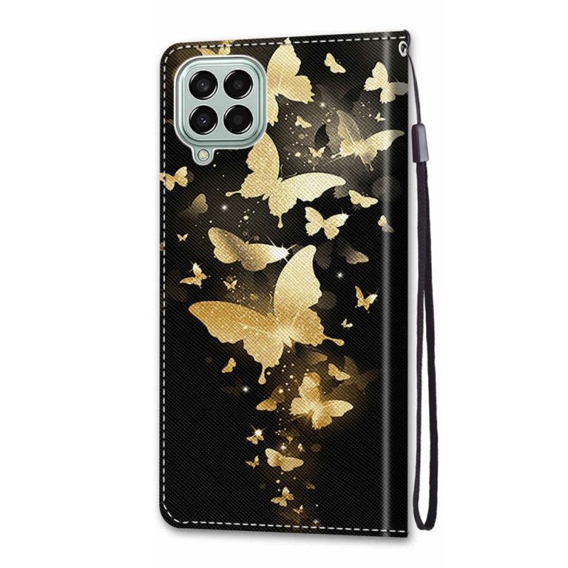 Custodia in pelle Samsung Galaxy M53 5G Farfalle D'oro Con Cinturino