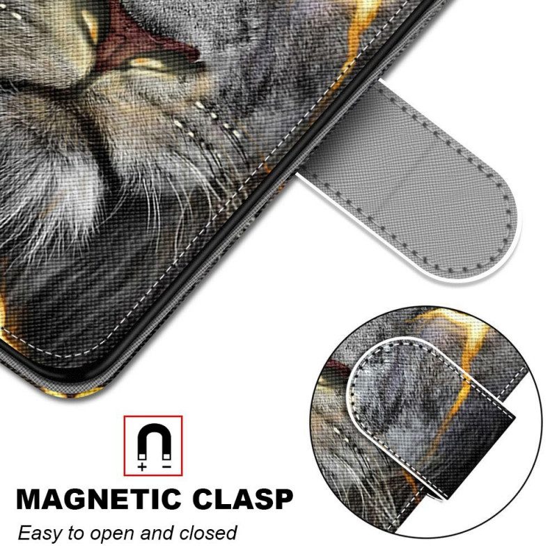 Custodia in pelle Samsung Galaxy M53 5G Felino In Fiamme Con Cinturino