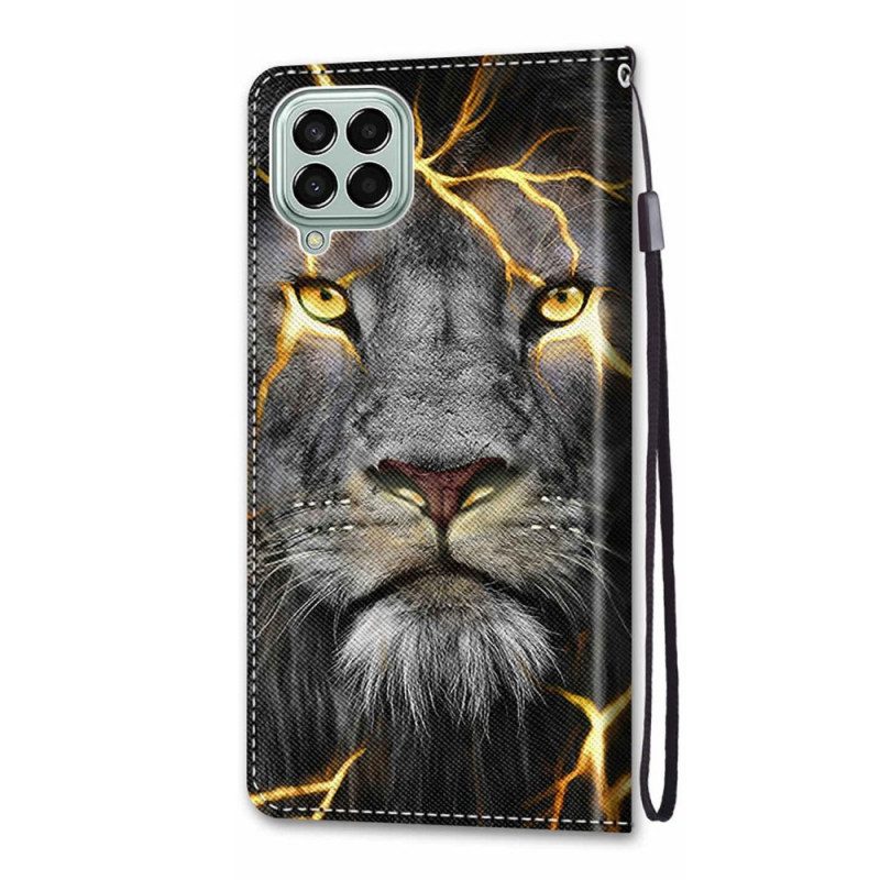 Custodia in pelle Samsung Galaxy M53 5G Felino In Fiamme Con Cinturino