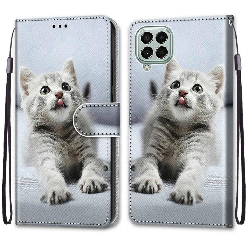 Custodia in pelle Samsung Galaxy M53 5G Gattino Grigio Con Cinturino