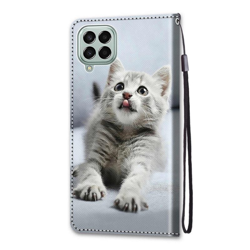 Custodia in pelle Samsung Galaxy M53 5G Gattino Grigio Con Cinturino