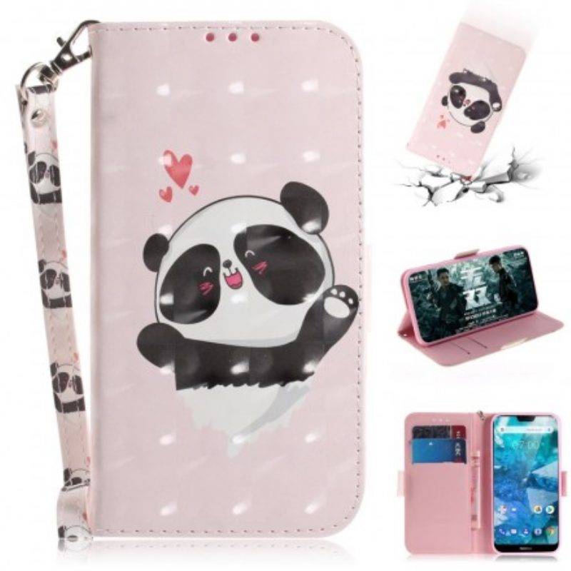 Custodia in pelle Nokia 7.1 Panda Love Con Cordino