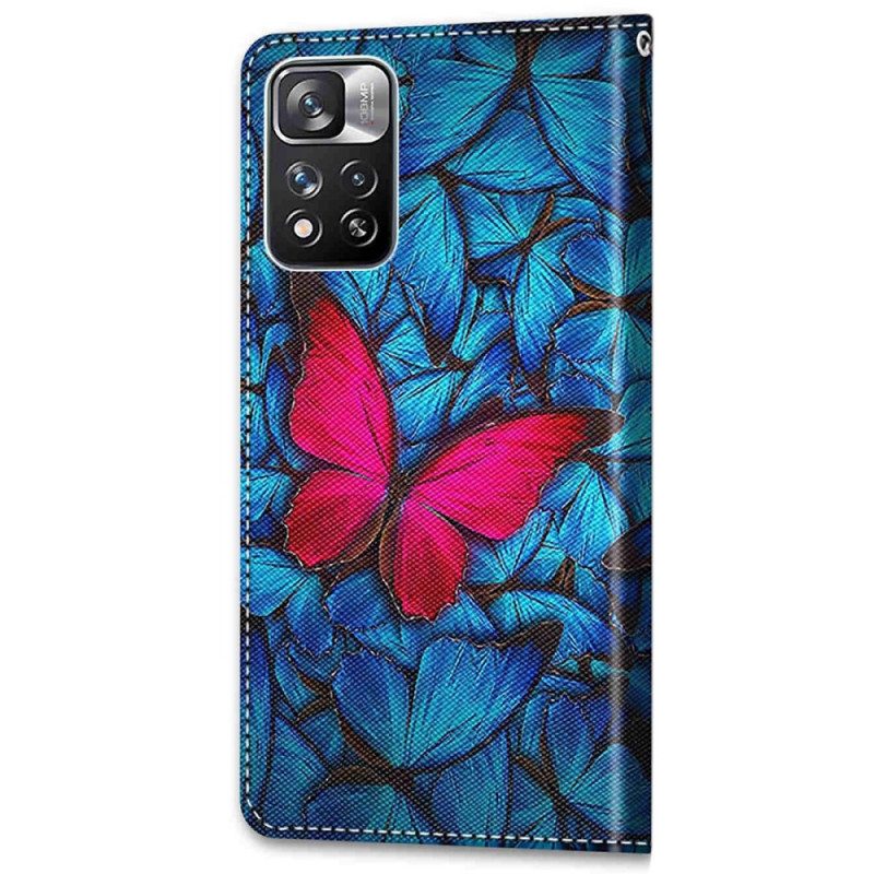 Custodia in pelle Xiaomi Redmi Note 11 Pro Plus 5G Farfalla Rossa Sfondo Blu