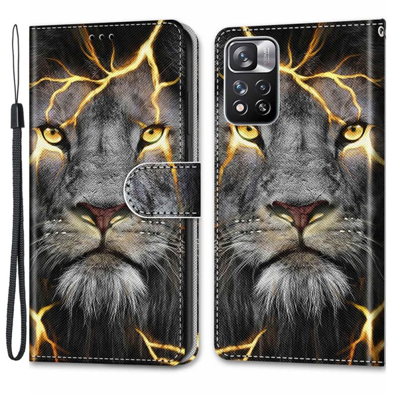 Custodia in pelle Xiaomi Redmi Note 11 Pro Plus 5G Felino In Fiamme Con Cinturino