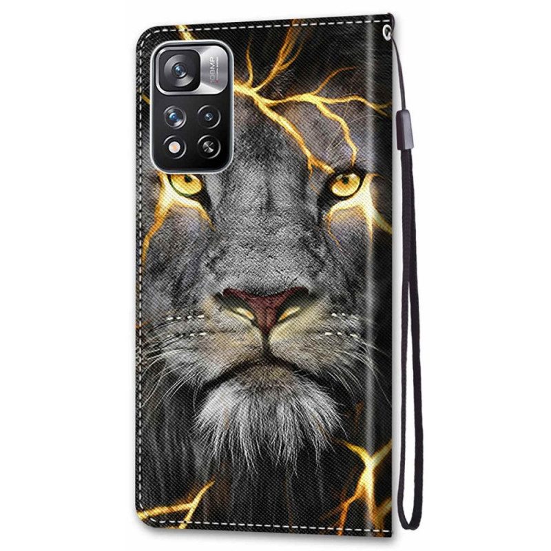 Custodia in pelle Xiaomi Redmi Note 11 Pro Plus 5G Felino In Fiamme Con Cinturino