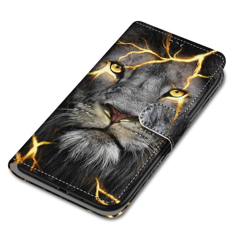 Custodia in pelle Xiaomi Redmi Note 11 Pro Plus 5G Felino In Fiamme Con Cinturino