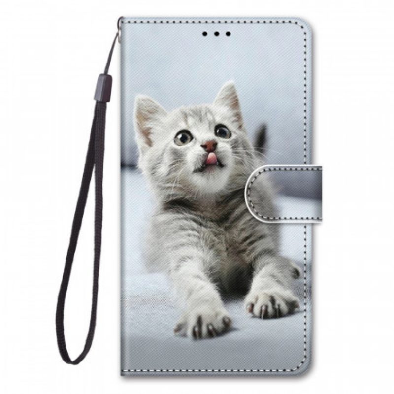 Custodia in pelle Xiaomi Redmi Note 11 Pro Plus 5G Gattino Grigio Con Cinturino