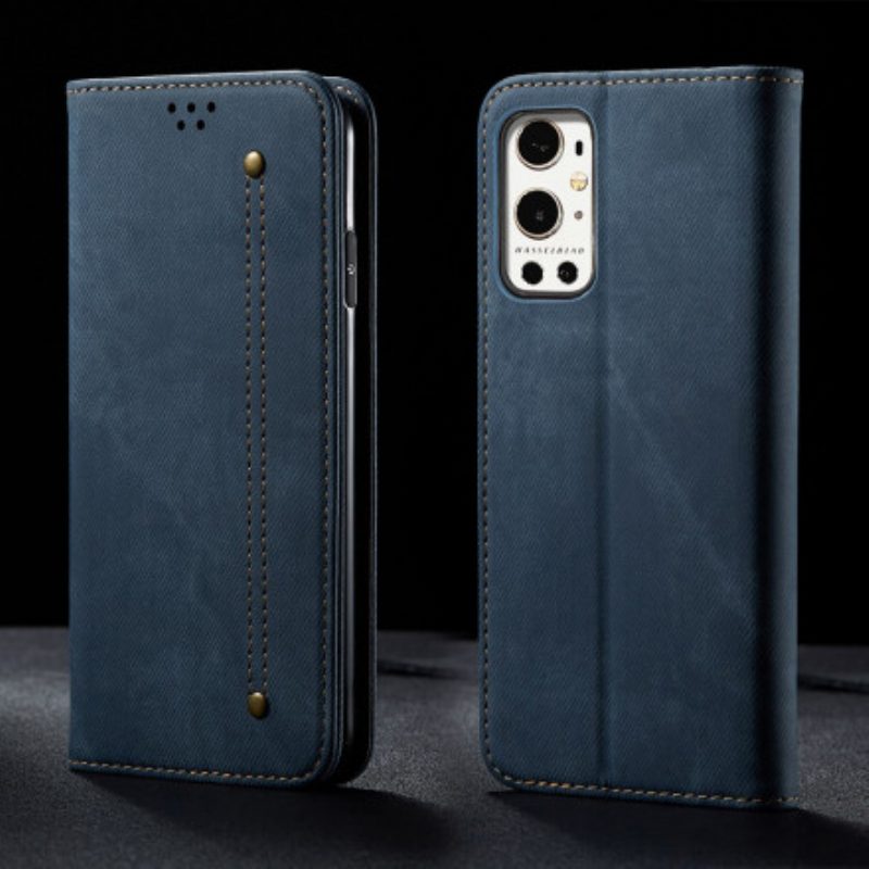 Folio Cover OnePlus 9 Pro Custodia in pelle Trama Di Jeans In Ecopelle