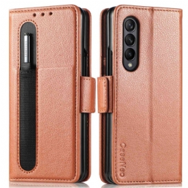 Custodia in pelle Samsung Galaxy Z Fold 4 Caseneo Slot Per Penna Litchi In Ecopelle