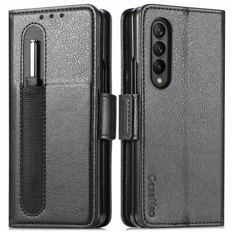 Custodia in pelle Samsung Galaxy Z Fold 4 Caseneo Slot Per Penna Litchi In Ecopelle