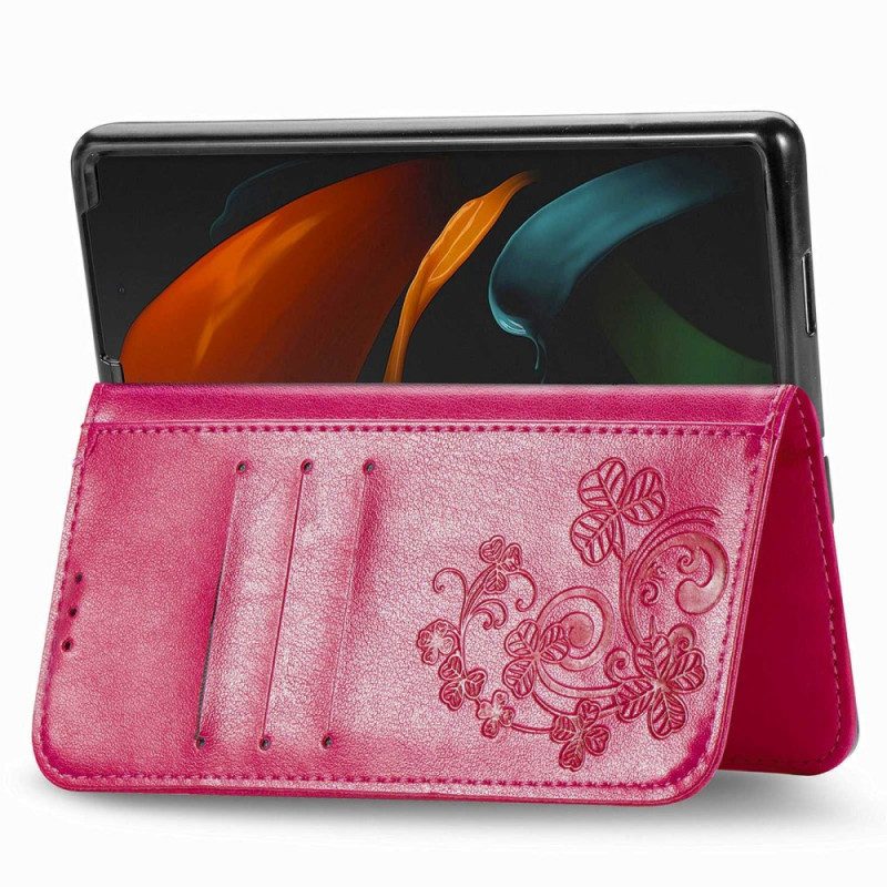 Custodia in pelle Samsung Galaxy Z Fold 4 Modello Di Trifogli Con Cinturino