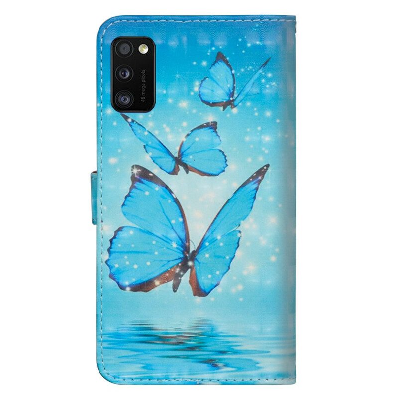 Custodia in pelle Samsung Galaxy A41 Farfalle Blu Volanti