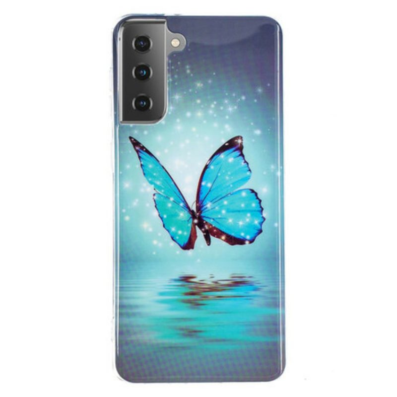 Cover Samsung Galaxy S21 5G Farfalla Blu Fluorescente