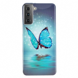 Cover Samsung Galaxy S21 5G Farfalla Blu Fluorescente