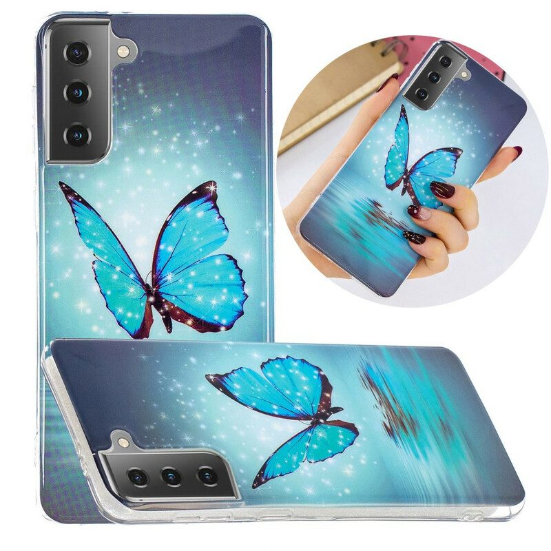 Cover Samsung Galaxy S21 5G Farfalla Blu Fluorescente