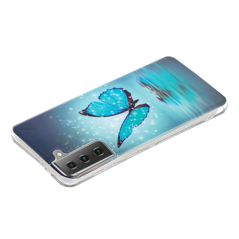 Cover Samsung Galaxy S21 5G Farfalla Blu Fluorescente