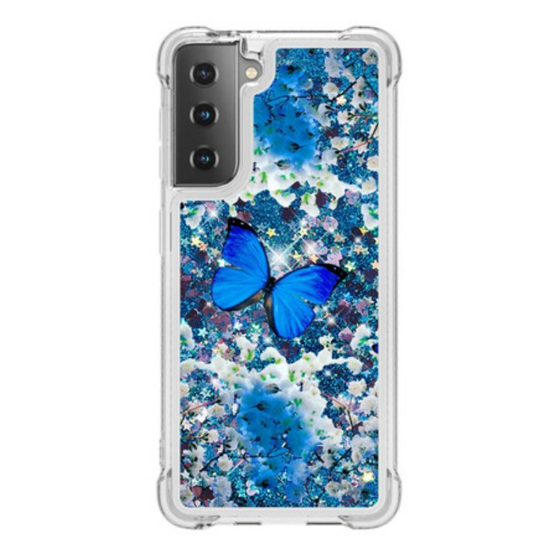 Cover Samsung Galaxy S21 5G Farfalle Blu Glitterate