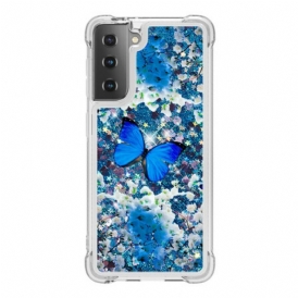 Cover Samsung Galaxy S21 5G Farfalle Blu Glitterate