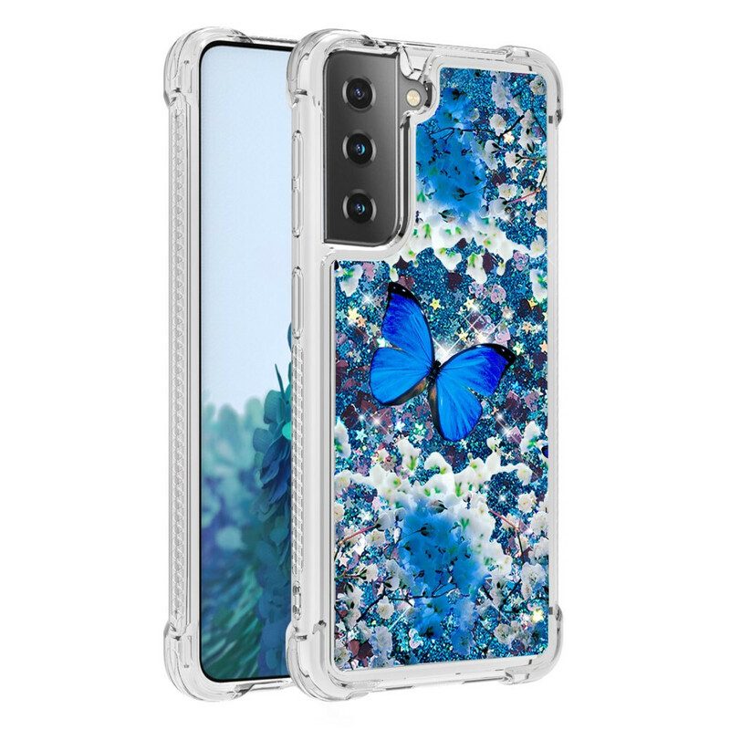 Cover Samsung Galaxy S21 5G Farfalle Blu Glitterate