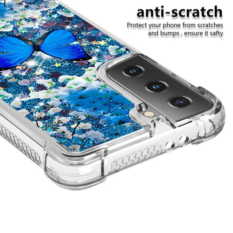 Cover Samsung Galaxy S21 5G Farfalle Blu Glitterate