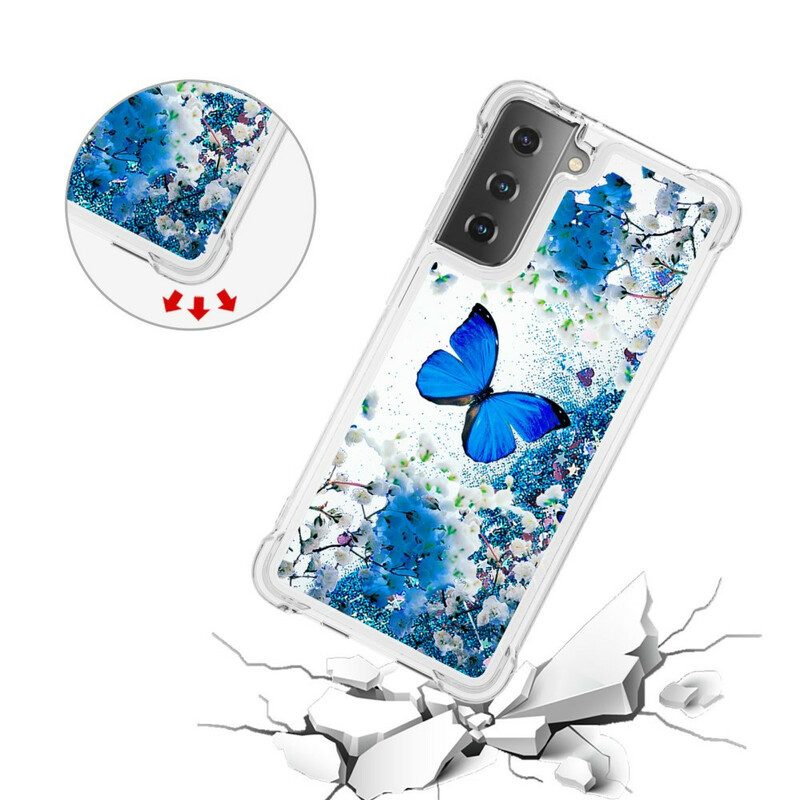 Cover Samsung Galaxy S21 5G Farfalle Blu Glitterate